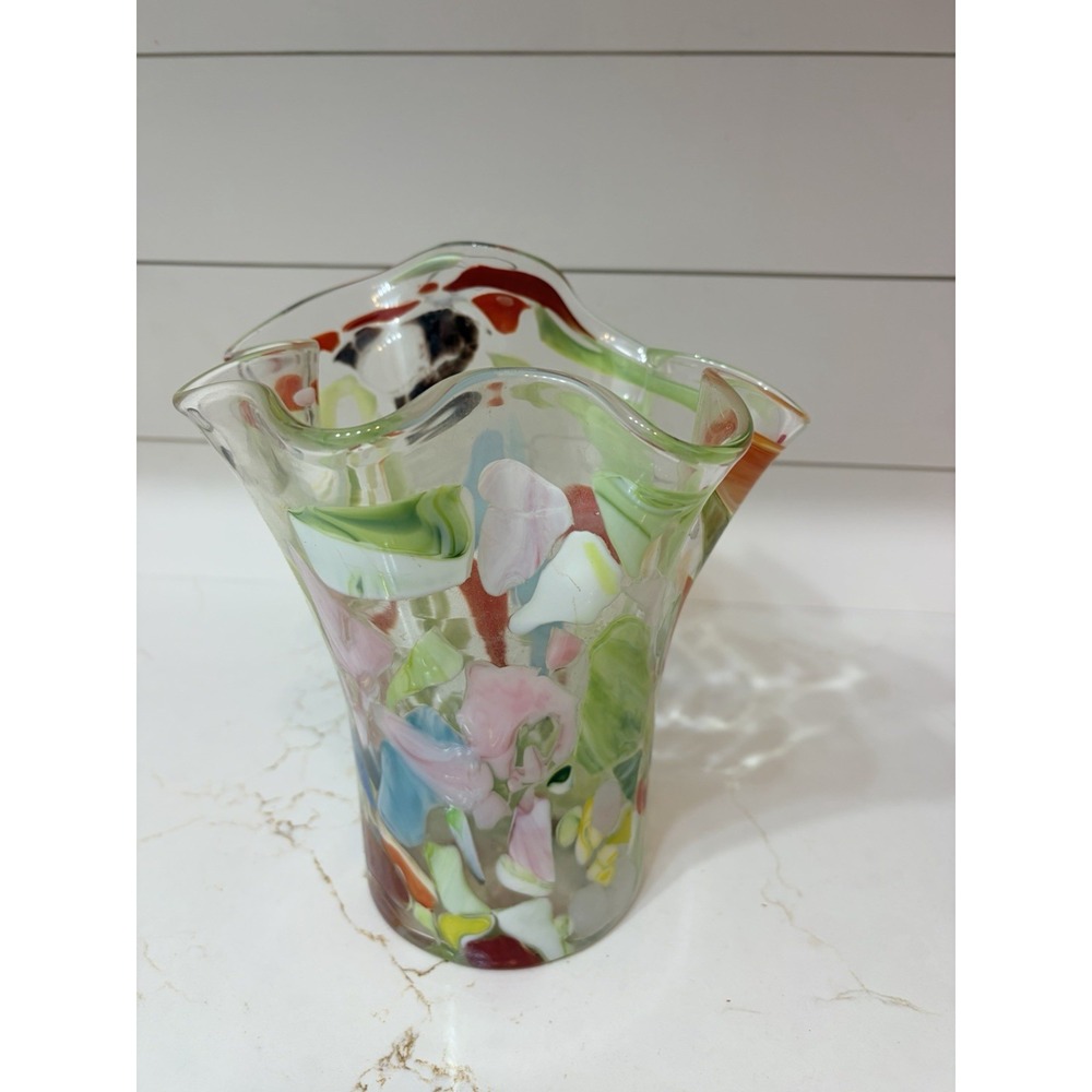 Vintage Multicolor White Swirl Ribbon Ruffle Edged Art Deco Glass Vase